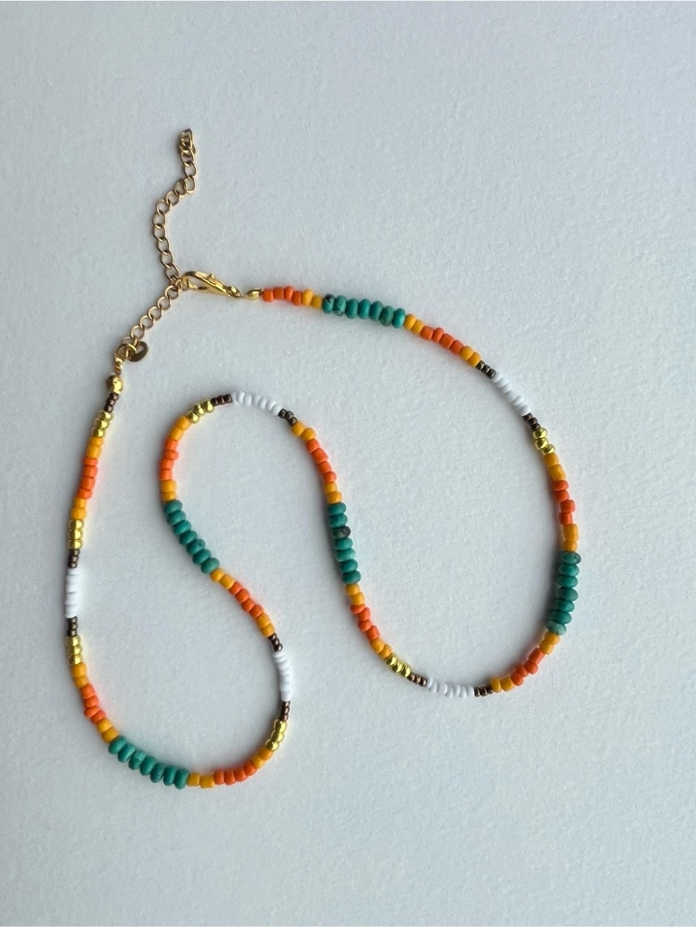 Handmade Multicolor Seed Bead Necklace - Gold Accents